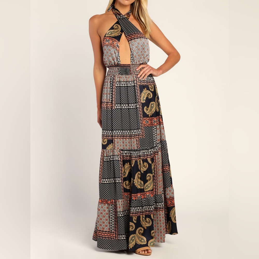 Lulu’s Trendy Travels Navy Blue Multi Scarf Print Halter Maxi Dress - Medium